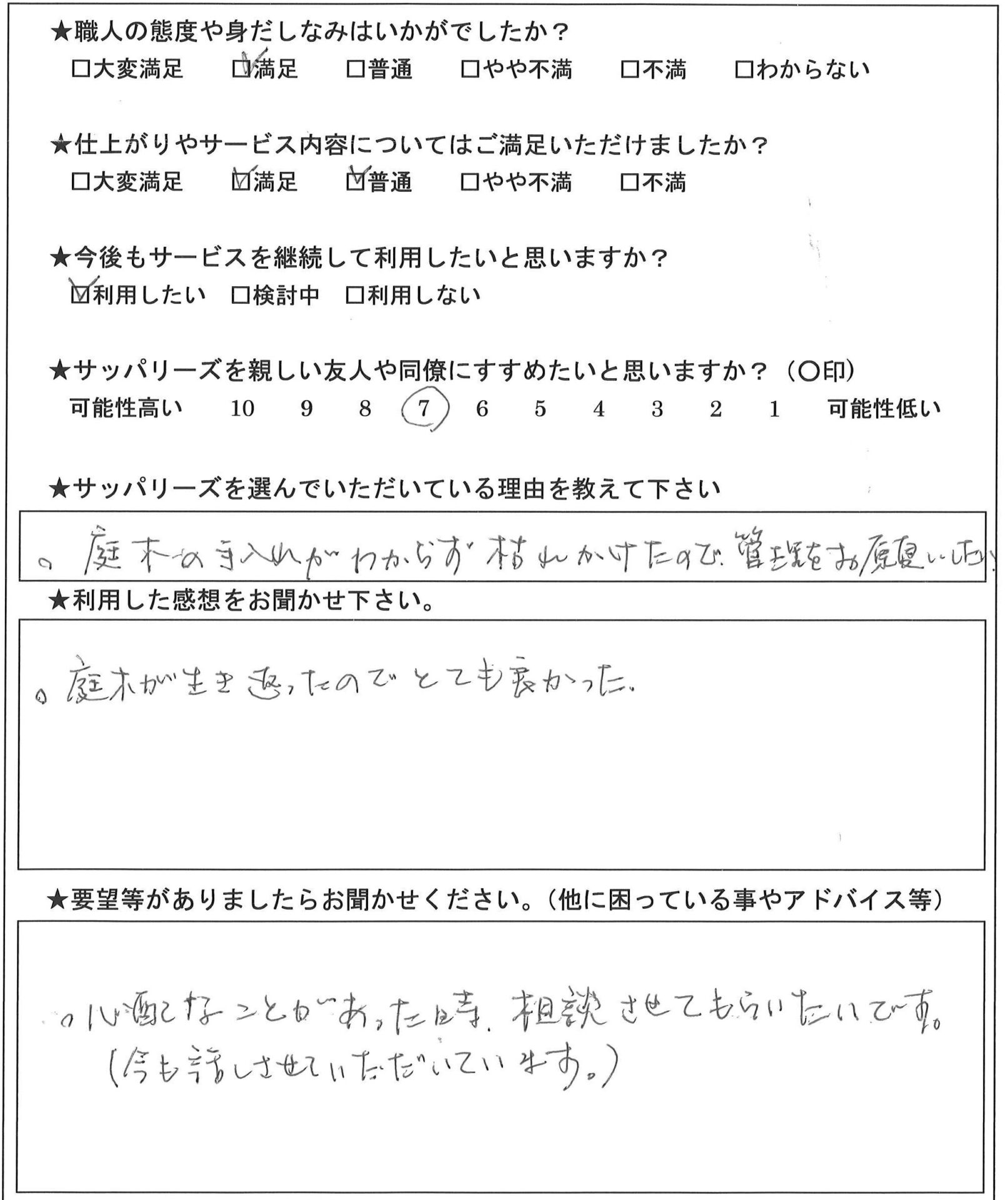 庭木剪定　アンケート